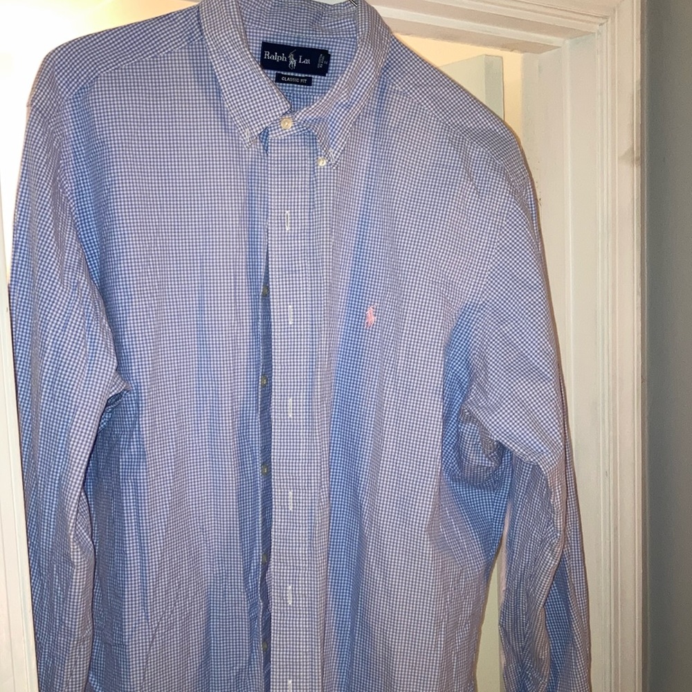 Baby blue plaid with pink horse Ralph Lauren polo shirt long sl